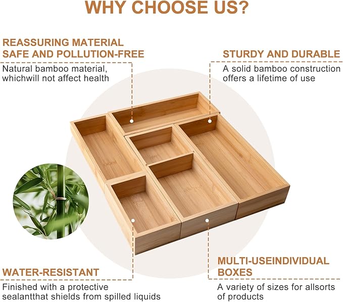Bamboo Drawer Organizer 5 Pcs for Kitchen Multi-purpose Storage Dividers for Kitchen, Office, Jewelry, Cosmetics, Wooden Drawer Dividers for Drawer Organizer Desk Organizer Gift for Women Gifts Idea-NeatNest