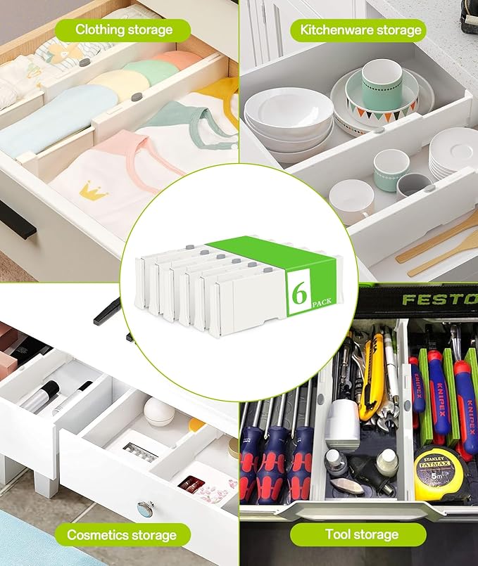 Adjustable Drawer Organizer with Non-Slip Silicone, Multi-Purpose Storage Solution for Wardrobe, Kitchen, Office, 11.6"-17" Length, 4" Height, Durable ABS Plastic, Easy Setup-NeatNest