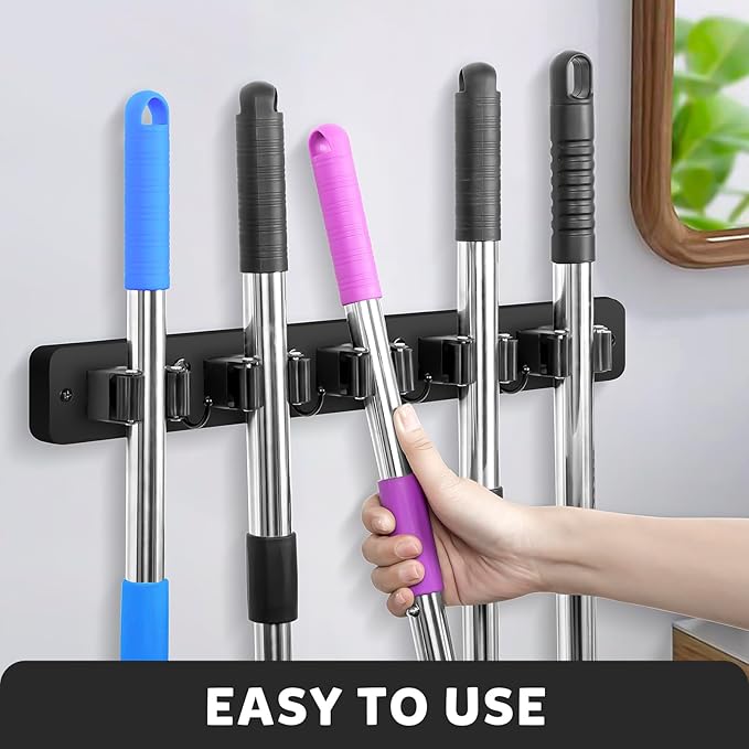 IMILLET Broom Holder Wall Mount, Wood Broom Holder with 5 Racks and 4 Hooks Broom Organizer, Laundry Room Organization and Storage, Mop Hanger for Home Organization, Garden, Garage, Closet (Black)-NeatNest
