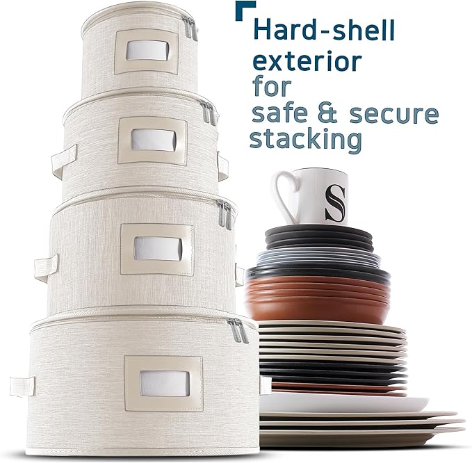 Fine China Storage Containers Hard Shell, 4 Piece Dish Storage Containers, Quilted Plate Containers, Stackable Dish Organizer with Dividers, Dinnerware Storage for Moving and Seasonal Storage, Cream-NeatNest