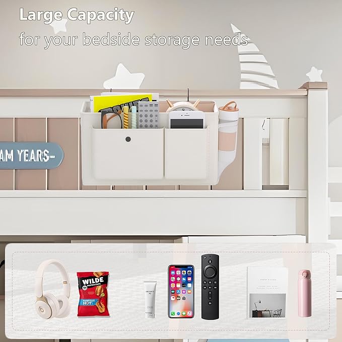 Bedside Caddy Bedside Organizer with Fixed Straps & Water Bottle Holder, Bunk Bed Caddy ideal for Home, Dorm, Hospital, Crib, Versatile Bedside Storage Solution (White 2pcs)-NeatNest