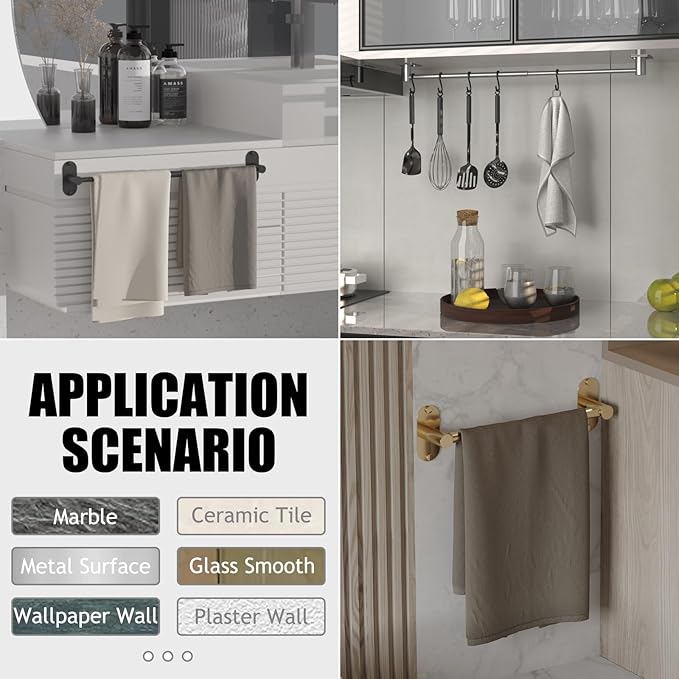 Towel Bar, Adjustable 14.4inch - 25.2inch Towel Rack, Self Adhesive & Wall Mounted for Bathroom Kitchen Hand Towel Holder Cloths Hanger SUS 304 Stainless Steel Organizer Single Bar Gold
