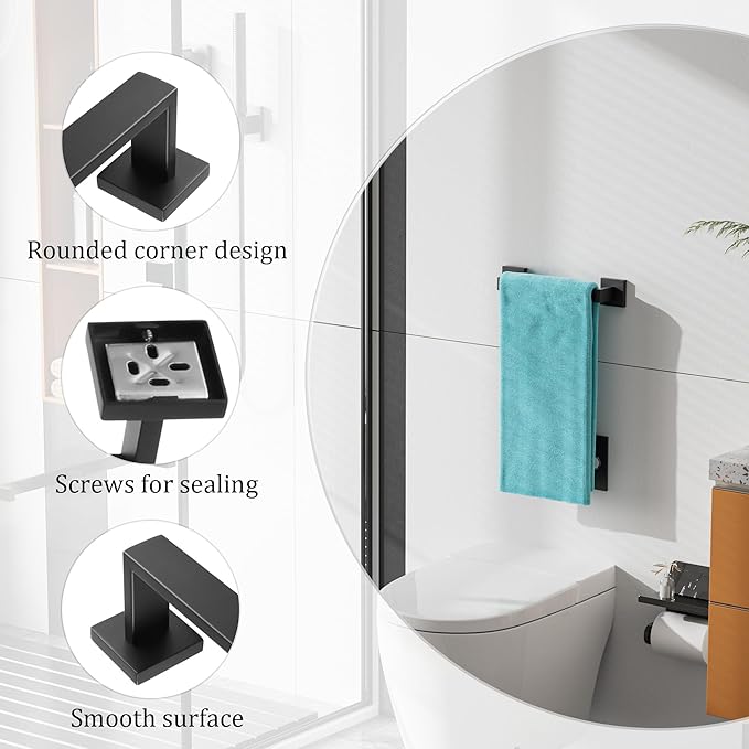 Alise Black Towel Bars,11.8 Inch Towel Holder Towel Racks for Bathroom and Lavatory,SUS304 Stainless Steel Hand Towel Hanger Rail Wall Mount,Useable Length 10.04 Inch Towel Bar, GYT030-B