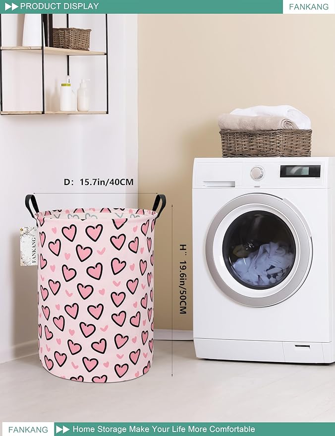 FANKANG Storage Basket, Nursery Hamper Canvas Laundry Basket Foldable with Waterproof PE Coating Large Storage Baskets for Kids Boys and Girls, Office, Bedroom, Clothes,Toys(Pink Love)