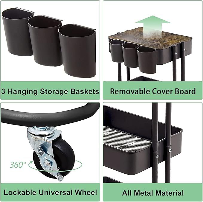 3-Tier Metal Utility Rolling Cart Storage Side End Table with Cover Board and Handle for Office Home Kitchen Organization, Black