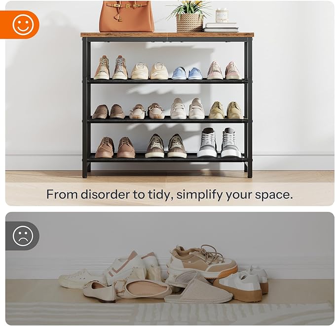 HOOBRO Shoe Rack with 3 PU Shelves, 4-Tier Shoe Storage Organizer for Closet and Entryway, Holds 9-12 Pairs of Shoes, Sturdy Metal Frame, Small Spaces, Rustic Brown and Black BF94XJ01-NeatNest