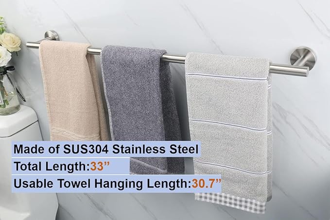 33 Inch Towel Bar for Bathroom 9/12/16/24/28/33 Inch Kitchen Hand Towel Holder Brushed Nickel SUS304 Stainless Steel RUSTPROOF Wall Mount Towel Rod(1, Brushed Nickel, 33 Inch)