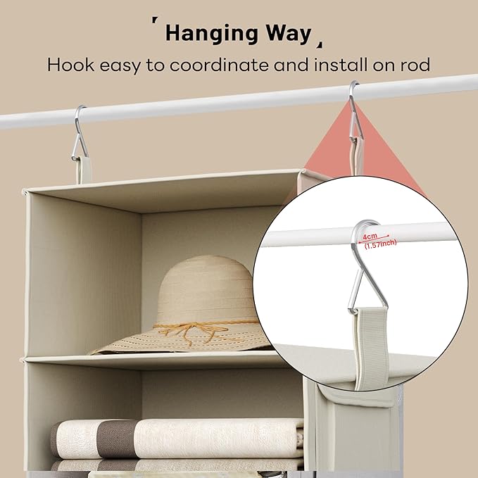 Vailando 6-Shelf Hanging Closet Organizer, 2 Separable 3-Shelf Hanging Shelves with 3 Drawers for Wardrobe, Nursery, Baby Clothes Organization and Storage, Beige-NeatNest