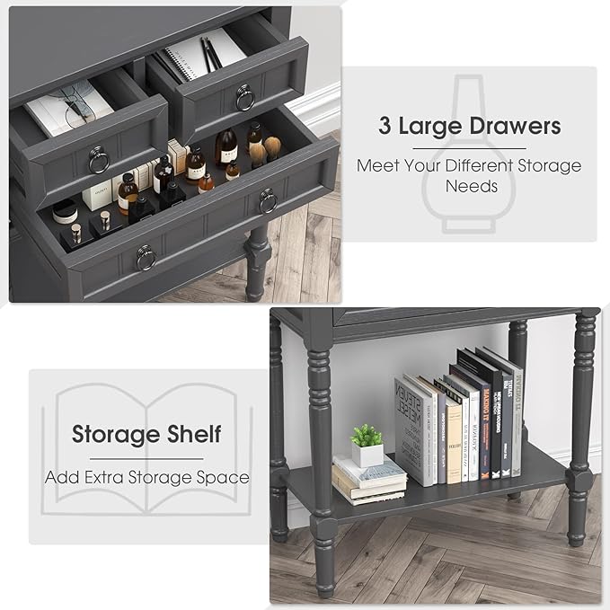 Giantex Console Table with 3 Drawers, 24" Rustic Entryway Table with Storage, Open Bottom Shelf, Compact Hallway Table, Small Sofa Side Table for Living Room, Bedroom, Narrow Entry Table, Gray-NeatNest