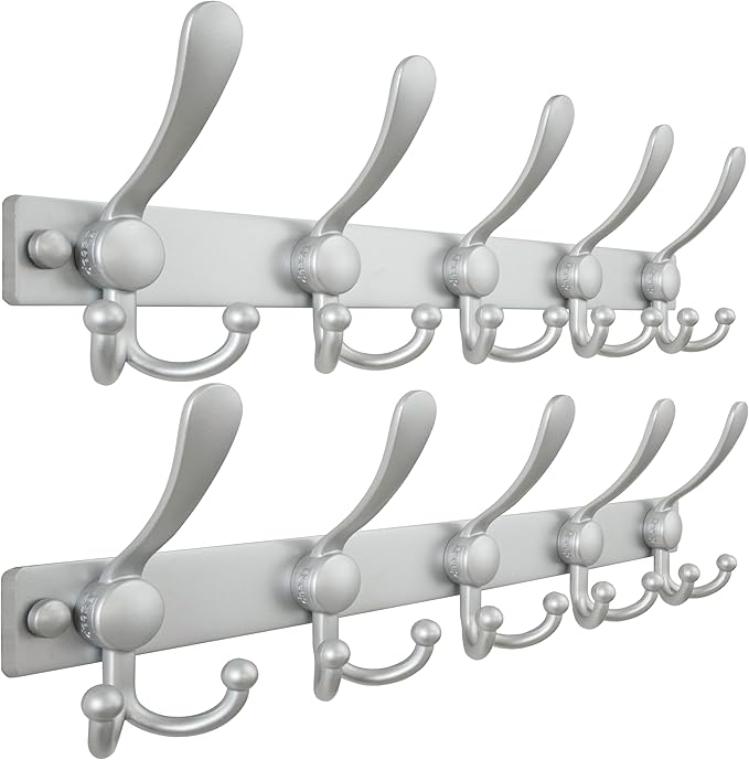 Dseap Coat Rack Wall Mount 2.0 Pro: Heavy Duty 300% Thicker, 16" Stud Mount, Stainless Steel Wall Coat Hooks Hanger for Clothes Jackets Hats Entryway Closet, MaxStrong Series, Silver, Pack of 2