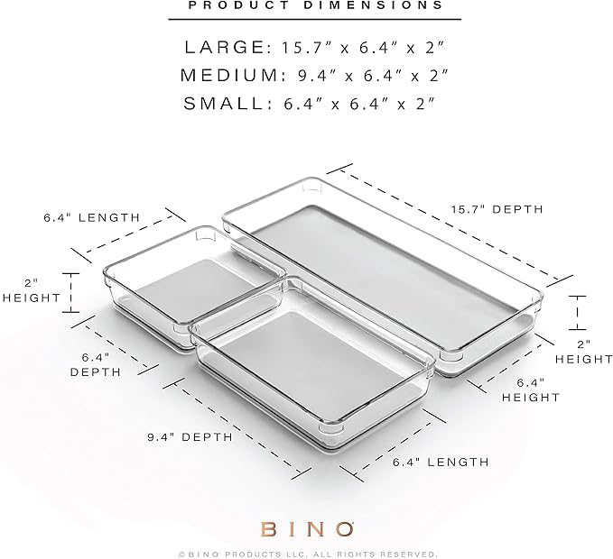 BINO | 3-Piece Drawer Organizer Bin Set - Grey, Large | THE MODULAR+ | Multi-Purpose Storage | Soft-Grip Lining and Non-Slip Rubber Feet | Durable | BPA-Free | Desk Drawer Organizer | Vanity Organizer-NeatNest