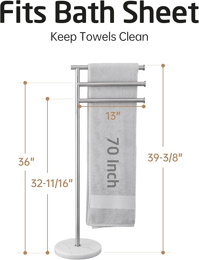 KES Free Standing Towel Racks for Bathroom with Weighted Marble Base, 40-Inch Floor Standing Towel Rack Stand, 3 Swivel Bars, Premium 18/8 Stainless Steel Brushed Finish, BTH219-2