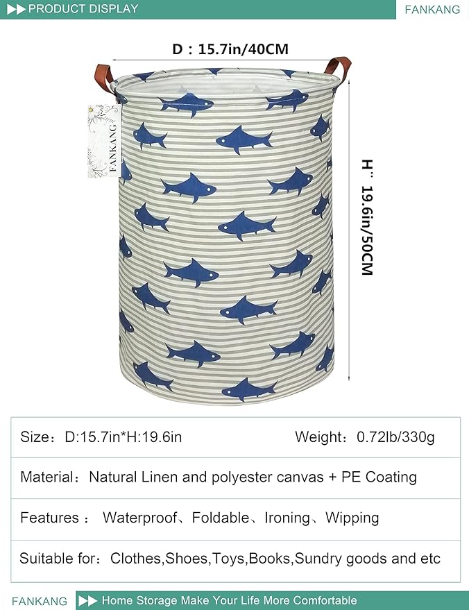 FANKANG Storage Basket, Nursery Hamper Canvas Laundry Basket Foldable with Waterproof PE Coating Large Storage Baskets for Kids Boys and Girls, Office, Bedroom, Clothes,Toys(Shark)