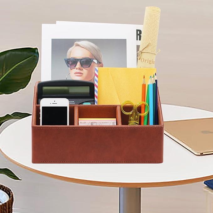 Desk Organizer, Mail Organizer Countertop, Bills Organizer, Mail Sorters, Magazine Holder, Desk Organizer and Accessories for Office Supplies, Brown Leather-NeatNest