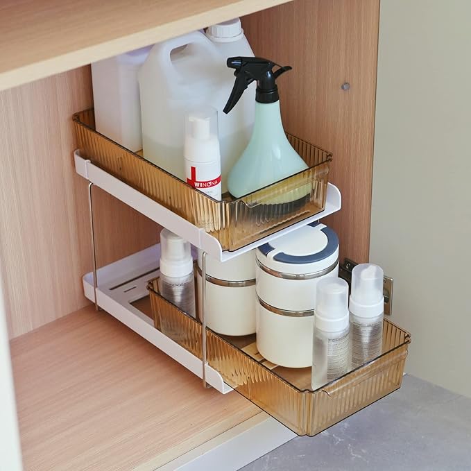 Bathroom Kitchen Storage Organizer 2 Tier Under the Sink Organizer Baskets Vanity Countertop Container Cabinet Drawers Bins Pull-Out Organization with Sliding Drawers for Cabinet, Pantry and Desktop-NeatNest