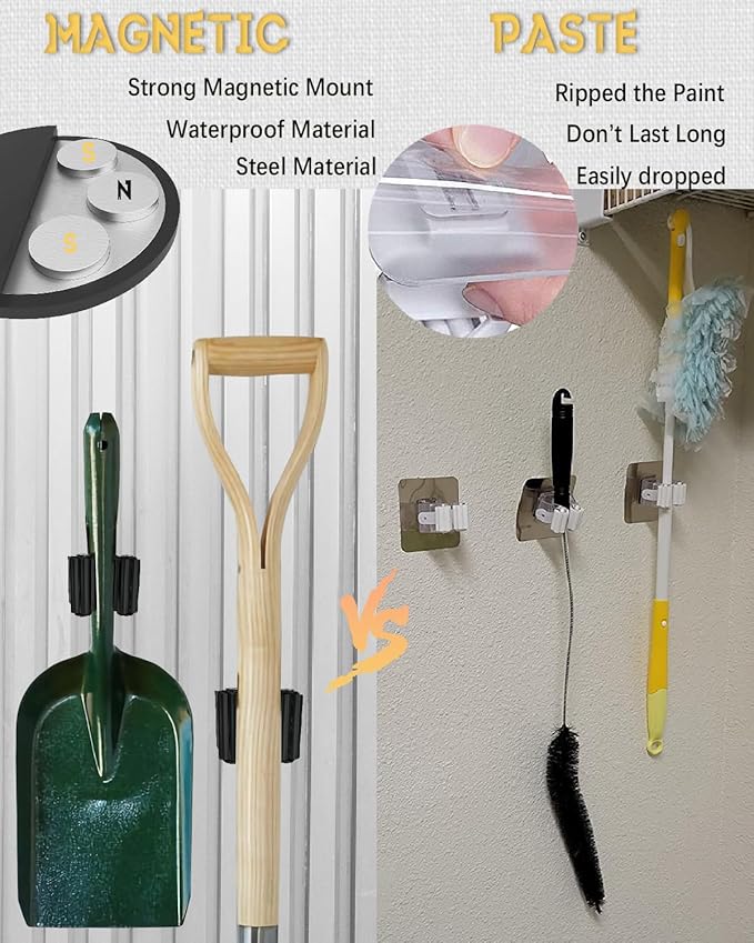 Mop Holder Magnetic, Black Steel Broom Hanger Magnetic Holder for Garden Tool, Rack Rake, Shovel Handle, Garage, Kitchen, Laundry Tools Organizer - No Drilling - 4 PCS/Gray…
