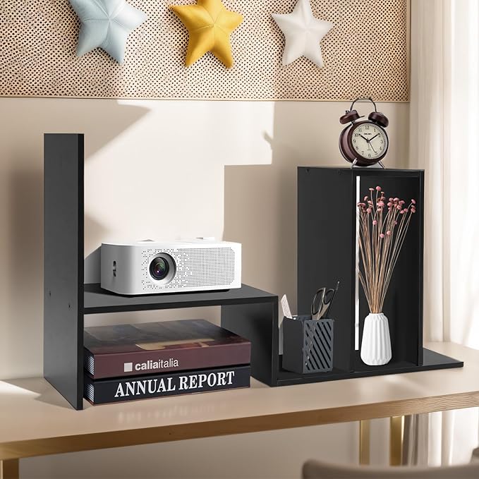 Black Desk Organizer Shelf Wooden Desktop Bookshelf Adjustable Desktop Organizer Shelves Small Book Shelf for Office Desk Supplies Home Storage Natural Stand Decor (Black, Style2)-NeatNest