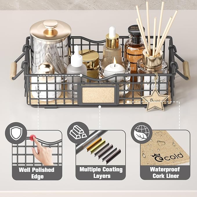 Bathroom Tray Organizers and Storage, 3 Pack Storage Baskets with Wooden Handles, Multipurpose for Bathroom, Coffee Bar, Kitchen cabinet, Living Room - Grey-NeatNest