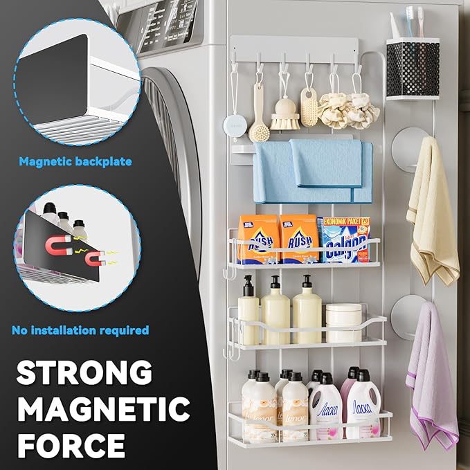 Heavy Duty Magnetic Shelves for Washer Dryer & Refrigerator - 11LB No-Slip Laundry Organizer, Rust-Proof Fridge Spice Rack with Hooks (8 Pack, White)