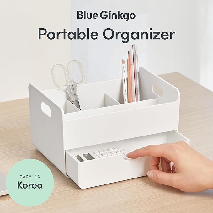 BLUE GINKGO Portable Desk Organizer – Compact 3 Compartment, Half-drawer Storage – Pen Holder, Stationery Desktop Organizer for Office, Makeup, Crafts (Made in Korea, White)-NeatNest