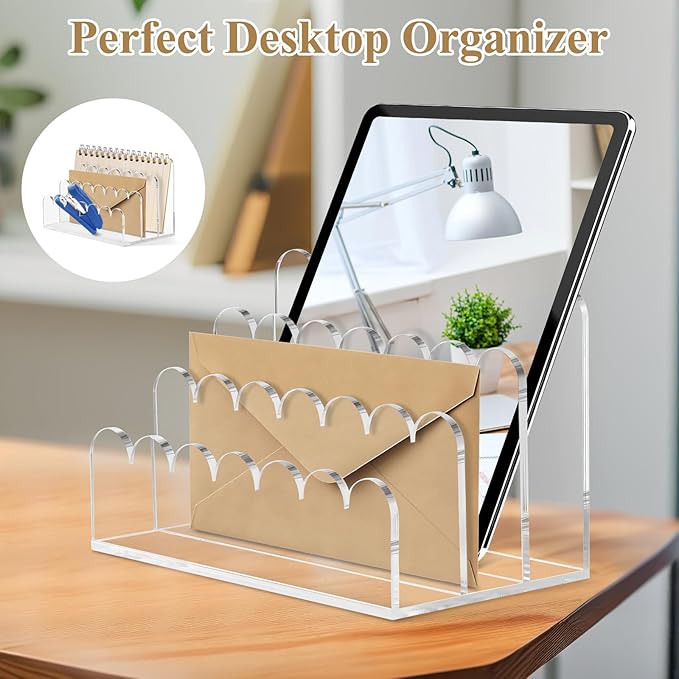 Acrylic Scalloped Mail Holder Organizer Sorter for Desk Clear Print Script Letter Holder Countertop 3 Upright Compartments Laddered Envelope Stand for Office Home School