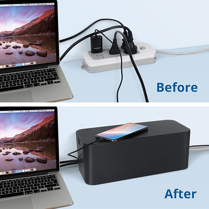 Cable Management Box Black, 2Pack Cord Organizer Box - Extra Large and Medium Size, Cord Hider Box to Conceal Power Strips on Desk or Floor, Made from Electrically Safe ABS Material