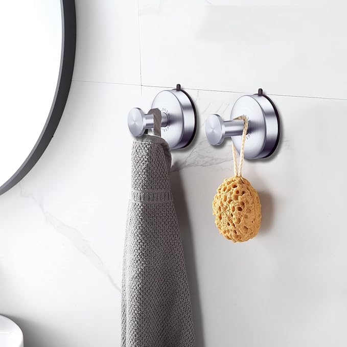 DGYB Suction Cup Hooks Set of 2 Suction Bathroom Hook for Wall Brushed Nickel Shower Hooks for Inside Shower 304 Stainless Steel Towel Hook for Glass Door Hanging Robe, Loofah, Coats-NeatNest