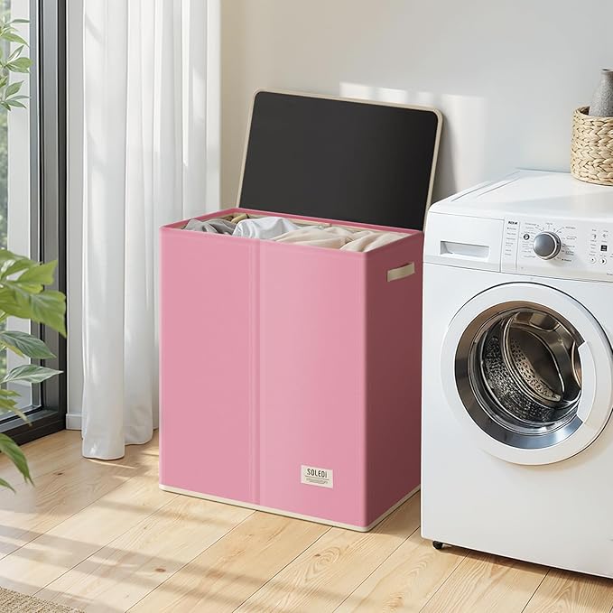 SOLEDI Large Double Laundry Hamper with Lid, Collapsible Clothes Hamper 2 section with Removable Bags, Space-Saving Laundry Basket for Bedroom, Dorm, College-NeatNest