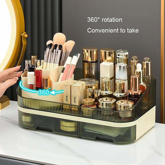 Makeup Organizer Countertop - Dual Drawer Cosmetic Storage with Spacious Compartments for Vanity, Holds 20 Brushes, 12 Lipsticks, 10 Skincare Bottles, Chic Modern Design