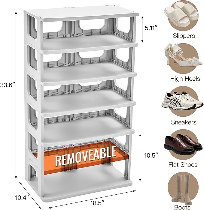 TRZZ 7-Tier Small Shoe Rack, Vertical Narrow Stackable Organizer with Removable Partition, Efficient Shoe Storage for Closet, Entryway, and Small Spaces (Grey)-NeatNest