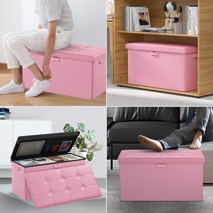 DocSafe Storage Ottoman Bench with Lock,Fireproof 30 Inches Folding Bench Foot Rest Stool Storage Chest Safe for Living Room,Bedroom,Home Office,Waterproof Leather Ottoman with Handles,Pink-NeatNest