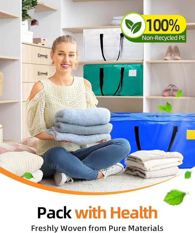 12 Pack Extra Large Moving Bags, Heavy Duty Packing Bags with Zippers and Handles for Space Saving, Clothes Storage, College Essentials, Travel, Blue