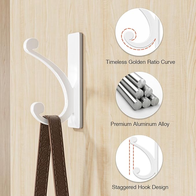 Adhesive Wall Hook for Towel/Coat - Extra Sticky 10LB Stainless, Stick on Hanger for Bath or Shower, Matt White 4-Pack