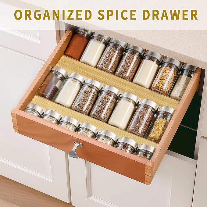 Bamboo Spice Rack For Drawer,4Pcs Tier Stackable Seasoning Storage Organizer Insert,for Kitchen Condiments Storage Insert(Jars Not Included,Combined Size:18.9" D x 9.5" W x 1.8" H)-NeatNest