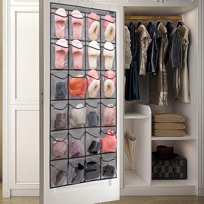 Over the Door Shoe Rack Organizer with 24 Clear PVC Pockets Hanging Pocket Organizer for Bedroom Bathroom Kitchen Stroage (24 Pockets-Grey)-NeatNest