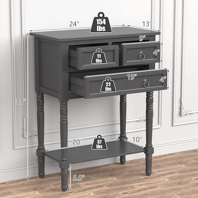 Giantex Console Table with 3 Drawers, 24" Rustic Entryway Table with Storage, Open Bottom Shelf, Compact Hallway Table, Small Sofa Side Table for Living Room, Bedroom, Narrow Entry Table, Gray-NeatNest