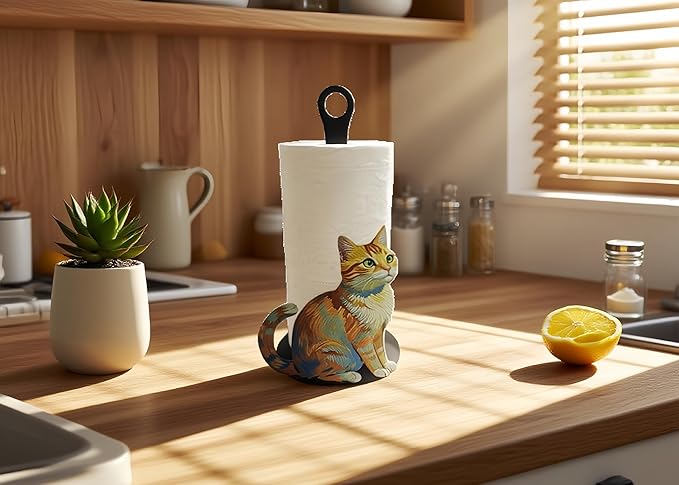 Decorative Paper Towel Roll Holder,Easy One-Handed Tear Kitchen Paper Towel Dispenser, Standing Paper Tower Holder Countertop Black for Kitchen and Bathroom (1Pack, Colorful Cat)-NeatNest