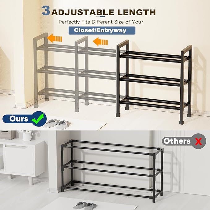 Mavivegue 3 Tier Expandable Shoe Rack for Closet, 19“- 43” Adjustable Shoe Rack for Entryway, Shoe Shelf, Black-NeatNest