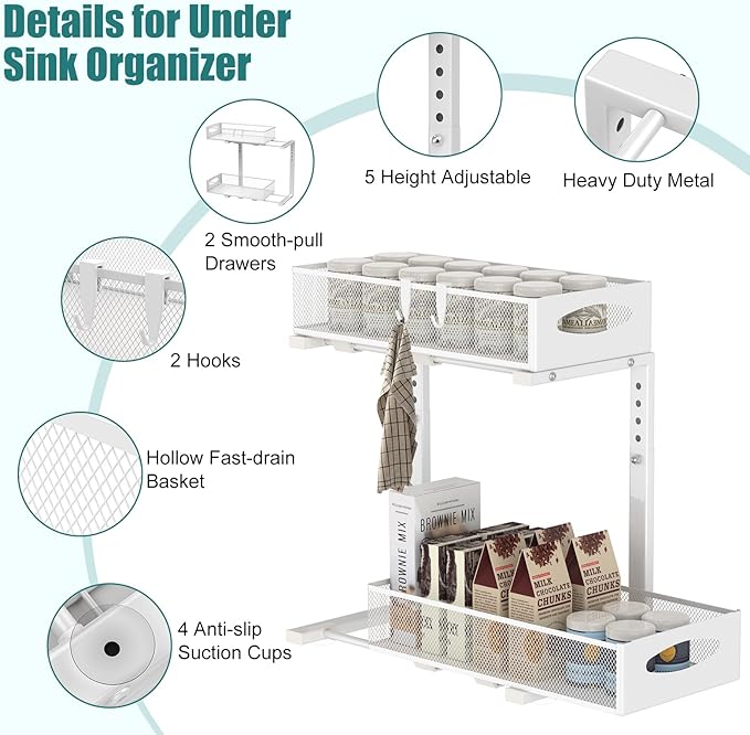 Under Sink Organizer, 2 Tier Metal Pull Out Under Sink Storage with Sliding Mesh Drawers, Height Adjustable Slide Out Under Sink Organizer Shelf for Kitchen Bathroom Cabinet, White-NeatNest