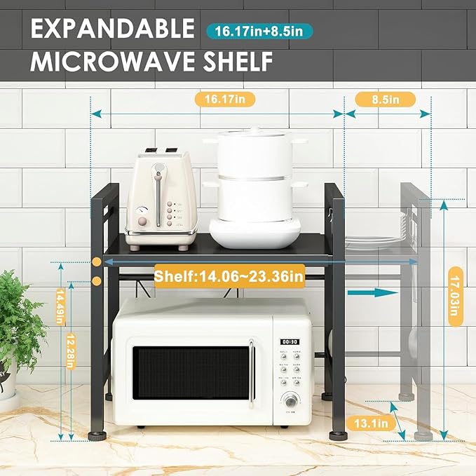 DOLALIKE Microwave Oven Rack, Expandable Microwave Stand Countertop Kitchen Utensils Tableware Storage, Carbon Steel Over Microwave Shelf Countertop with 3 Hooks-NeatNest