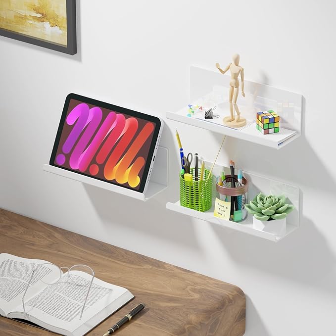 Acrylic Wall Floating Shelves Set of 2, Wall Shelves White 12 Inch Adhesive Wall Organizer Adhesive Shelf for Bathroom, Kitchen, Bedroom, Office, Gaming Room, No Damage, No Drill-NeatNest