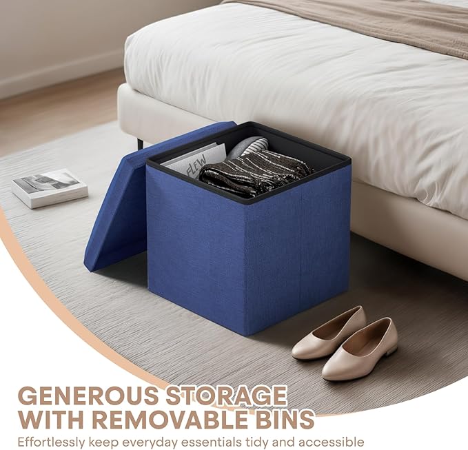 Ottoman Folding Storage Bench, 15x15x15 Inch, Foot Rest Stool for Living Room, Bedroom, Entryway, End of Bed - Multi-Functional Ottoman with Storage Navy Blue