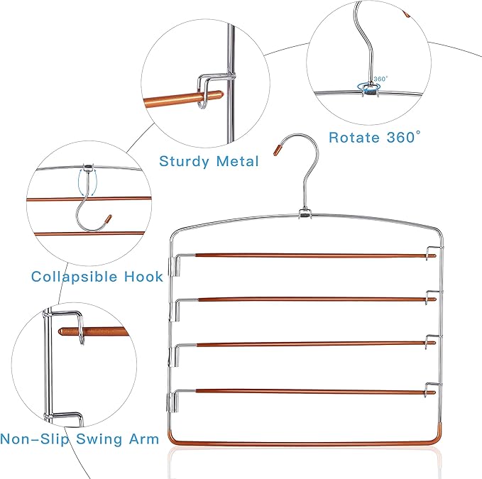 FeeraHozer Pants Hangers Non Slip 3 Pack Space Saving Hangers Multi-Layer Swing Arm Stainless Steel Space Saver Rack for Jeans Scarf Trouser Clothes (Gold)-NeatNest