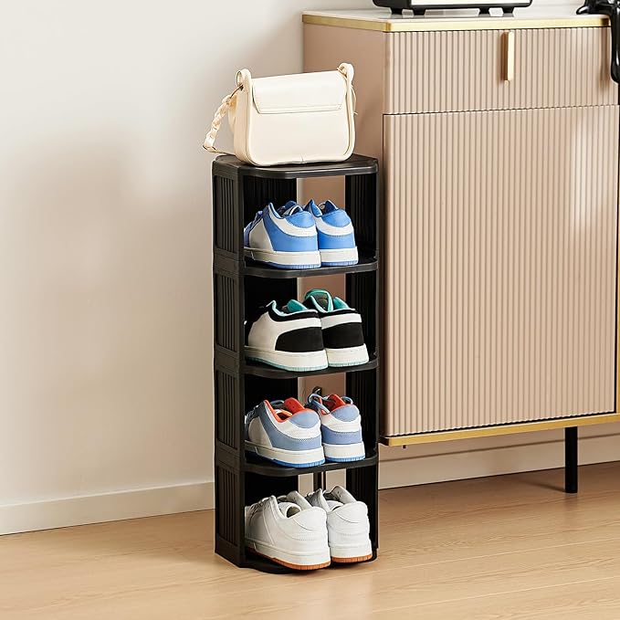 Small Shoe Rack, 5 Tier Plastic Vertical Shoe Rack for Small and Narrow Spaces, Free Standing Shoe Organizer for Closet, Entryway (Black)-NeatNest