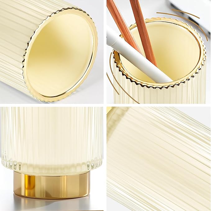 DASITON Makeup Brush holder Organizer,Crystal Cosmetic Makeup Brush Glass Brushes Storage Holder, Vintage Make Up Brush Cup Pen Pencil Holder striped vase(Cream L)-NeatNest