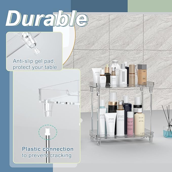 Bathroom Organizer Countertop for Makeup Cosmetic Perfume Skincare Bathroom Supplies and More, Multi-Functional Acrylic 2-Tier Vanity Tray Corner Shelf in Dresser and More