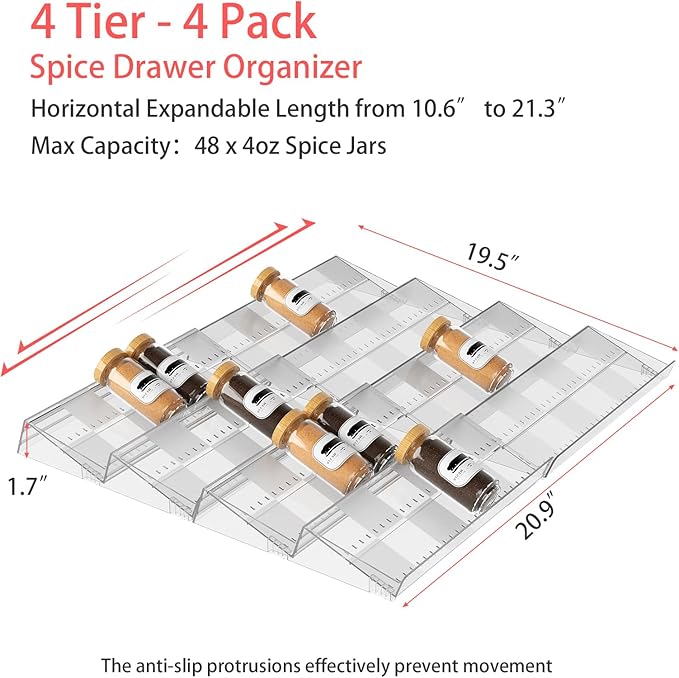 4-Tier Non-Slip Spice Drawer Organizer, 4-Pack Checkered Frosted Clear Acrylic, Expandable (11''-22'') Spice Rack for Kitchen Drawer Storage – Holds Seasonings, Herbs, and Spices (Jars Not Included)-NeatNest