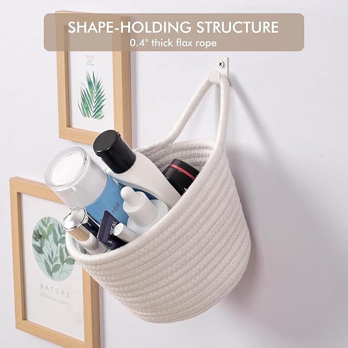 Fabric Wall Hanging Baskets - 3Pack Woven Pouchs Boho Style Wall Mounted Bag with Adhesive Hooks, Storage Organizers and Decoration Pocket Caddy Bins on Door Rack (White & White, Large)