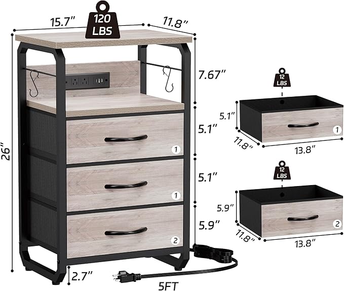 Bed Side Table with 3 Fabric Drawers, Night Stand with Charging Station, LED Nightstand with Hooks, Bedside Table End Tables with Storage, Night Tables for Living Room, Bedroom (Beige)-NeatNest