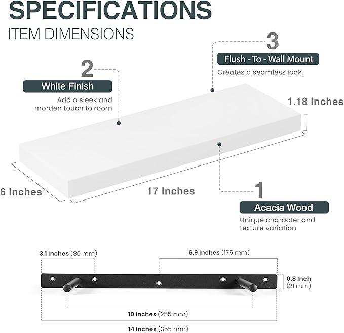 BATODA Set of 2 17" White Floating Shelves Wall Mounted for Bathroom – Wooden Decorative Wall Bookshelf - Storage Shelf Organizer for Home, Bedroom, Kitchen - Black Bracket, Shelving Mounting Included-NeatNest